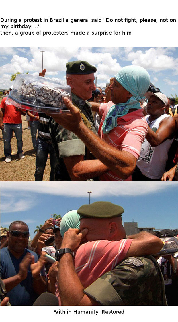 This exchange between a protester and a soldier during a protest in Brazil. 