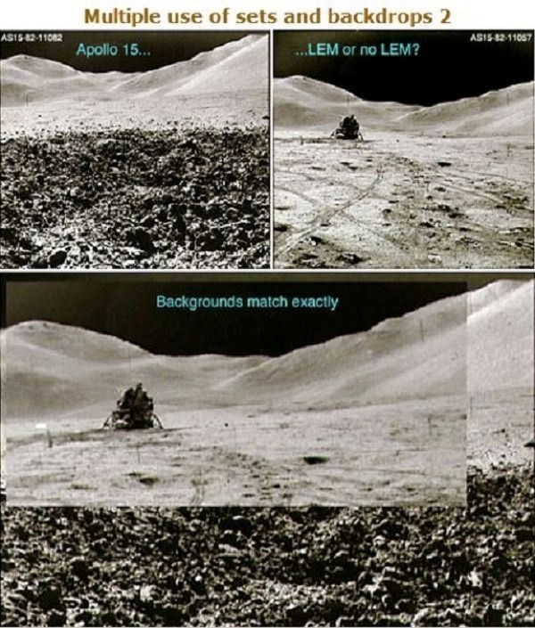 Another anomaly was uncovered during the Apollo 15 mission where the same, identical background was used for two different pictures in which NASA claimed were miles apart from one another: