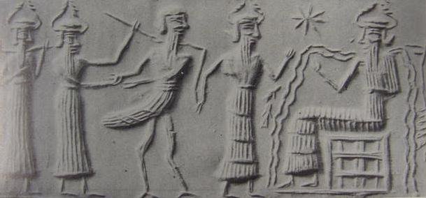 In the above cylinder seal from 2340-2180 B.C., Sumerian god Enki is seated on his throne with two streams of water erupting from his shoulders. A captured ‘Zu-bird’ is led before him for an alleged judgment and execution of sentence. Notice the size of the seated Enki.