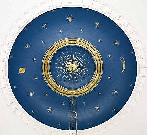On the ceiling of St. Andrews church on Waterloo Street in East Sussex, there is a painting showing the sun surrounded by stars, a comet, a crescent moon and Saturn.