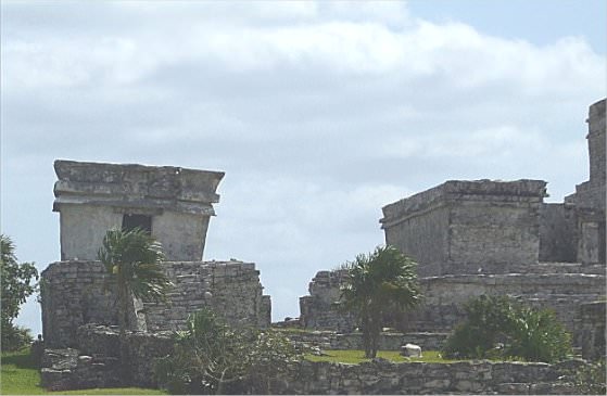 The main Tulum temple (to the right) is also angled.