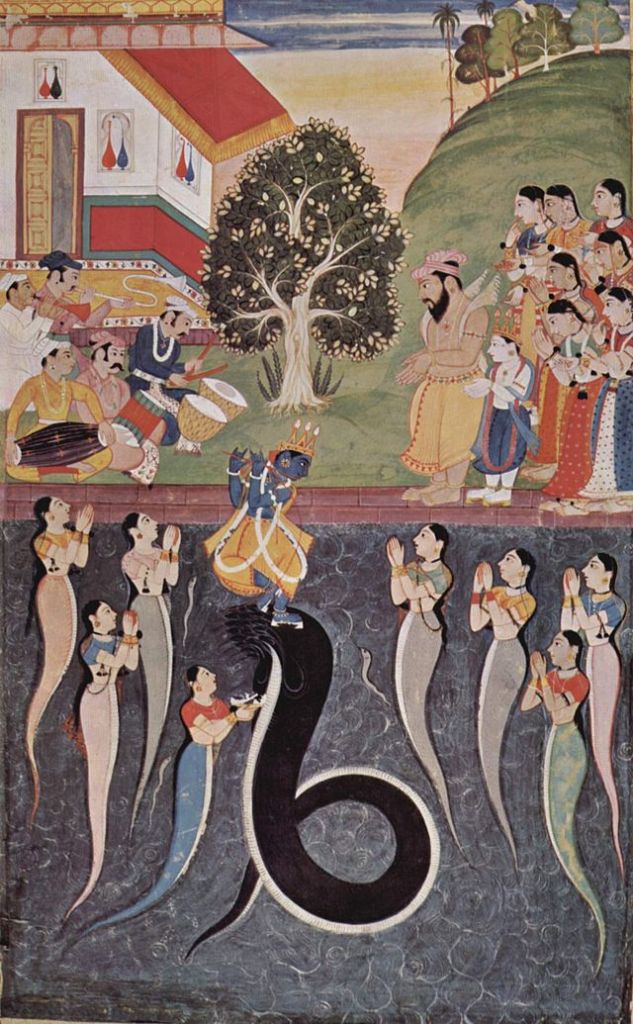 Lord Krishna dancing on the serpent Kaliya; while the serpent’s wives pray to Krishna. Credit Wikipedia
