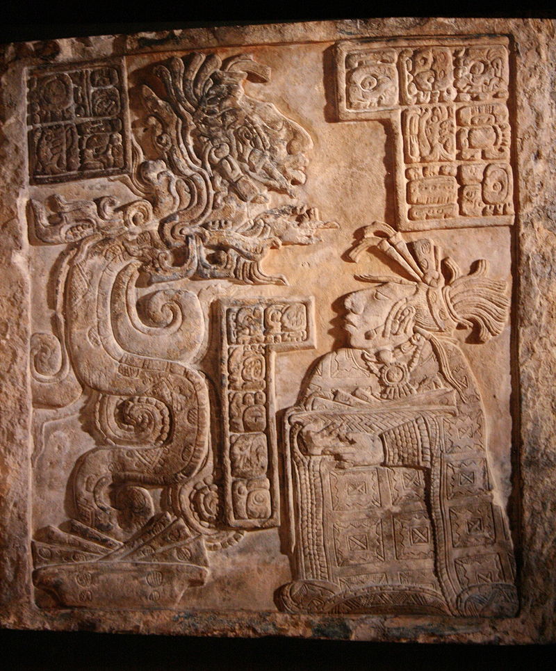 Maya site of Yaxchilan, Mexico, Late Classice Period. Lintel 15 of Structure 21 depicting Lady Wak Tuun, one of the wives of king Bird-Jaguar IV during a bloodletting rite. British Museum. Credit: Wikipedia