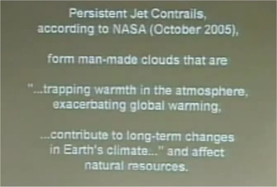One of the slide Peterson presented to the United Nation showed the acknowledgement of chemtrails by NASA, calling them "Persistent Jet Contrails". 