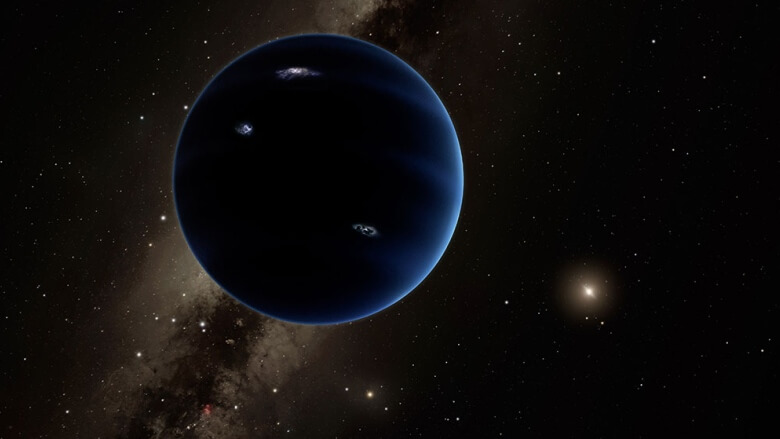 This artist's rendering shows the distant view from Planet Nine back towards the sun. The planet is thought to be gaseous, similar to Uranus and Neptune. Hypothetical lightning lights up the night side. (R. Hurt/IPAC/Caltech/) 