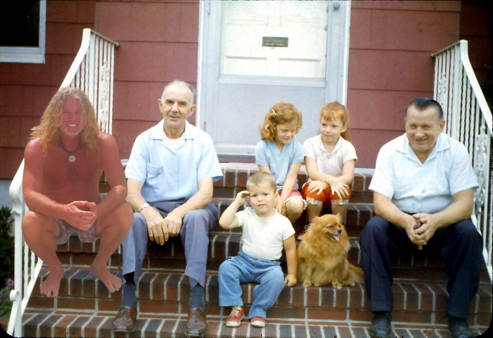 I superimposed a picture of myself sitting with my grandfathers, my sisters, and little me.  My grandfathers and I are all about the same age in the below picture.