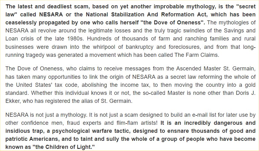 The following screenshot was from a 2002 article on Rumor Mill News Reading Room called, "NESARA & THE DESTRUCTION OF THE CHILDREN OF LIGHT". 