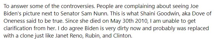 To answer some of the controversies. People are complaining about seeing Joe Biden's picture next to Senator Sam Nunn. This is what Shaini Goodwin, aka Dove of Oneness said to be true. Since she died on May 30th 2010, I am unable to get clarification from her.