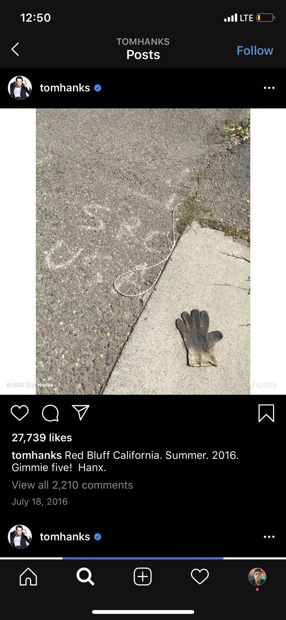 Tom Hanks posted a creepy photo of a single glove on his Twitter page.