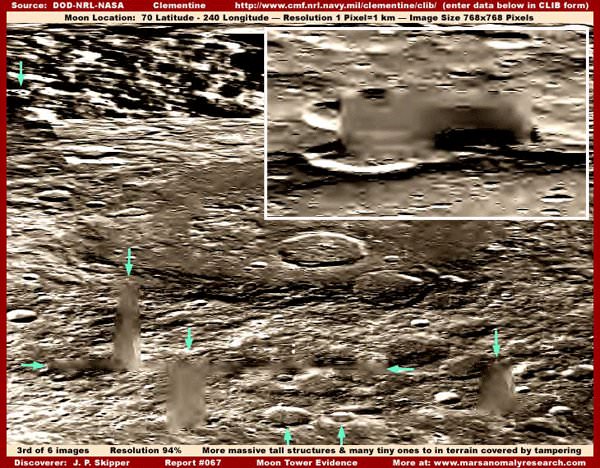 Towers, some several miles high, and complex constructions [above] were photographed on the Moon and blurred before release to the public. (thanks to www.marsanomalyresearch.com)
