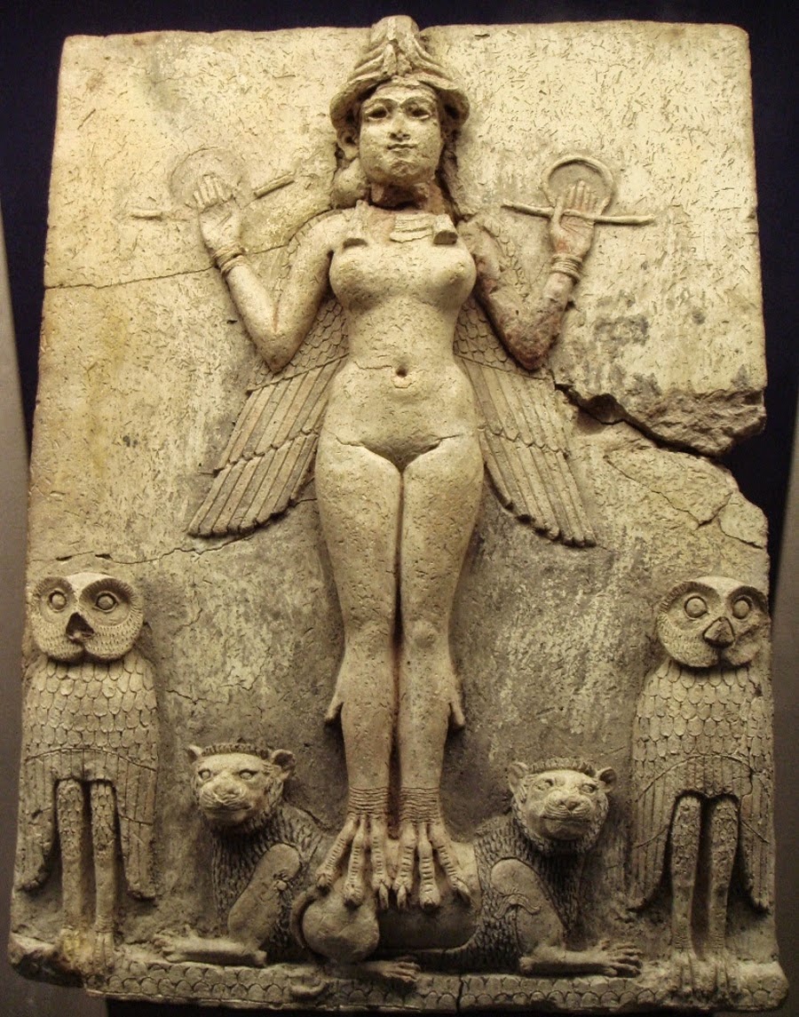 Most of the world's "elite" (active and former Presidents, Prime Ministers, Politicians, Judges, etc. and even Royalty), take part at this annual ritual. Notice the fish-god priests conducting the ritual. Here is a depiction of Ishtar/Inanna flanked by a couple of owls, and designed to look like an owl herself (notice the legs and wings): 