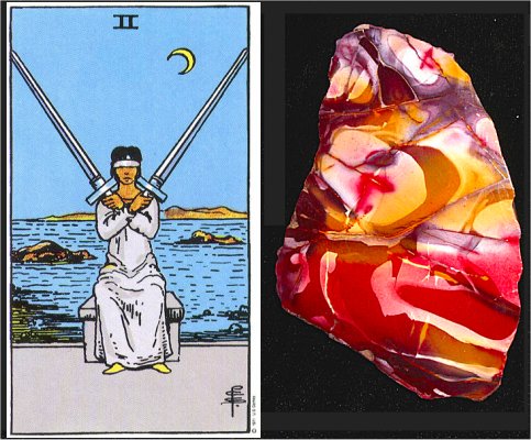 tarot card is the 2 of swords and the healing crystal will be Mookaite